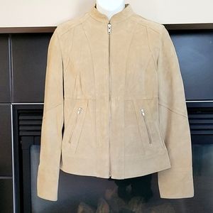 True Character Genuine Leather Slim Fit Jacket in Beige,Round-Neck Zipped Size S